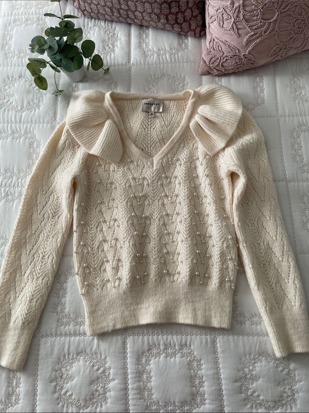 Ivory Pearl-Embellished V-Neck Sweater